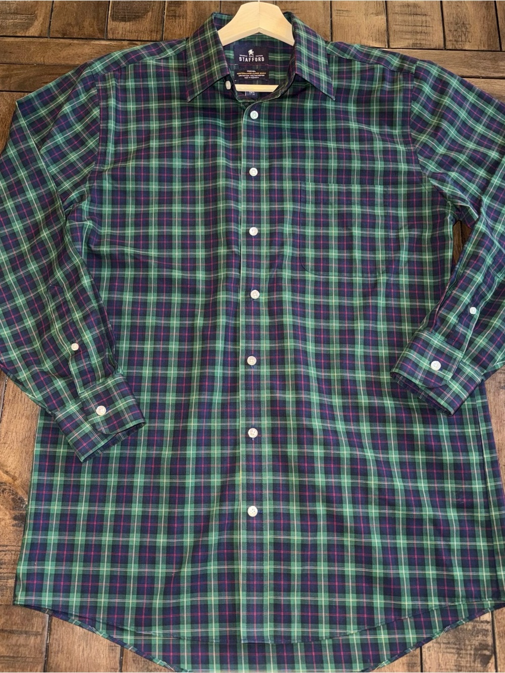 Men’s Green Plaid Tartan Button Down Shirt 15.5 Christmas Holiday Fall